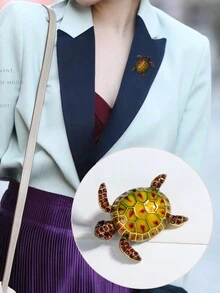 時尚復古琺瑯和油滴設計龜形胸針,配鑽石的動物簇標針適用於西裝 - 金色 - 查看 4
