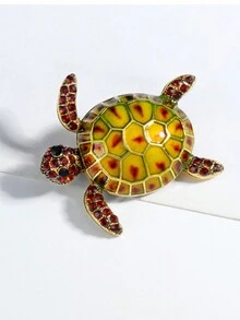 時尚復古琺瑯和油滴設計龜形胸針,配鑽石的動物簇標針適用於西裝 - 金色 - 查看 2