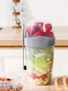 1pc Double Layer Fruit Container With Leakproof Lid Portable Salad Cup - Gray 1070ml - View 1