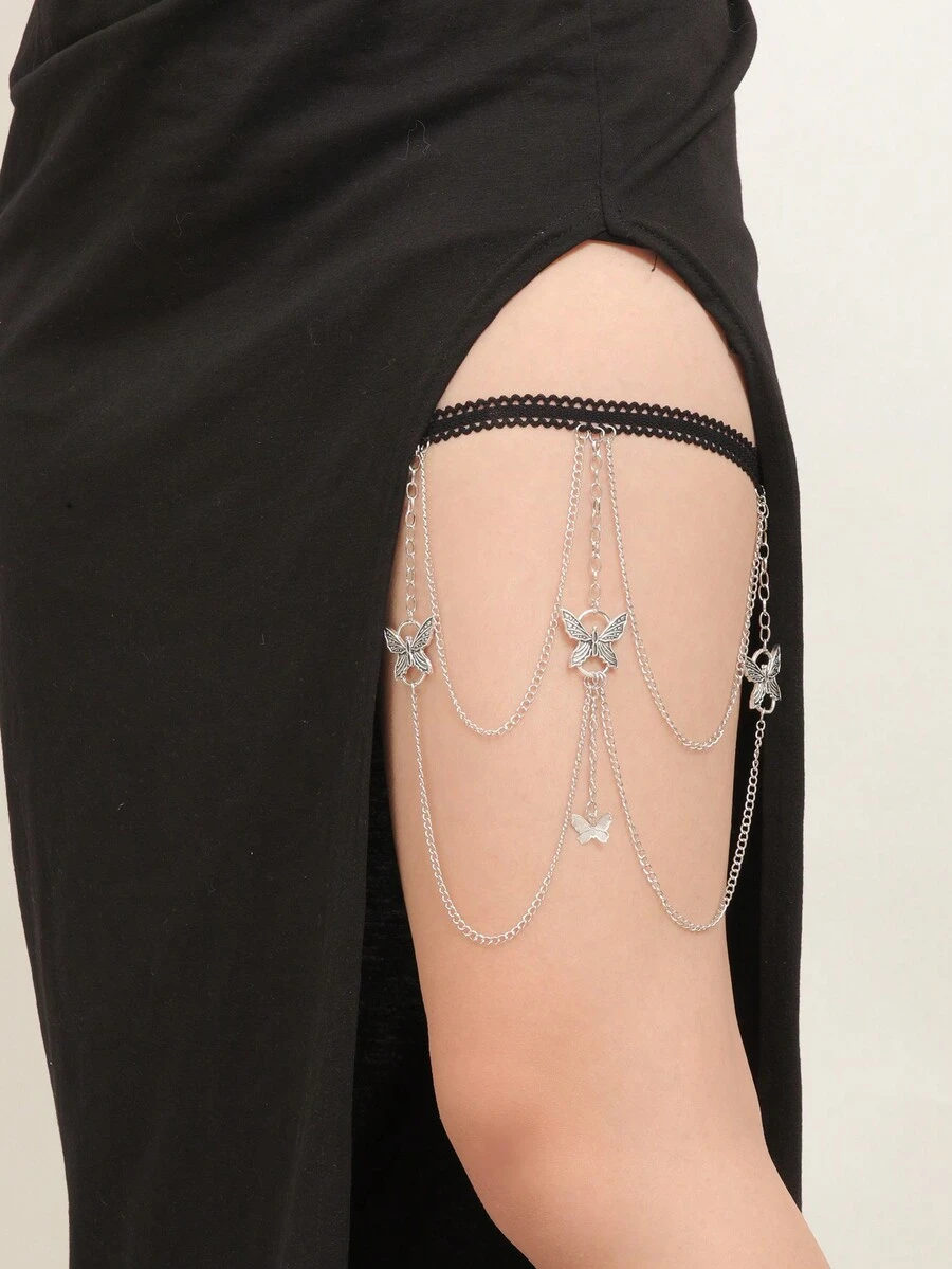 1pc Fashionable Lace Elasticity Leg Chain With Multiple Butterflies Metal Chains And Tassels - Silver - View 1