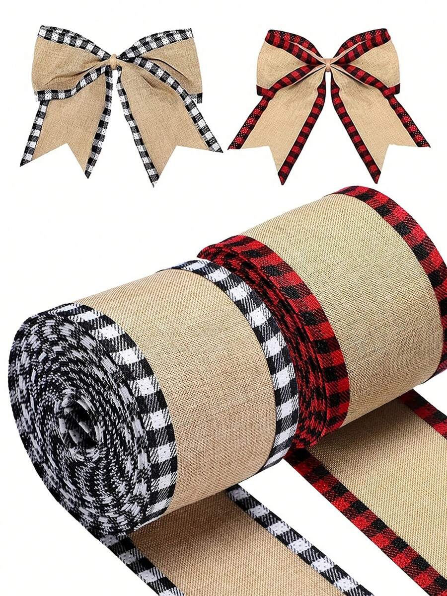 1 卷黑色和红色水牛格子边粗麻布丝带，适用于圣诞节、家居装饰、礼品包装、树顶蝴蝶结、花环、DIY 工艺品 - 黑白 - 查看 1
