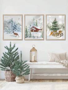 3入組聖誕壁畫,鹿、紅色聖誕屋、雪橇、冬季農場雪景壁飾,無框畫布印刷品 - 彩色 - 查看 6