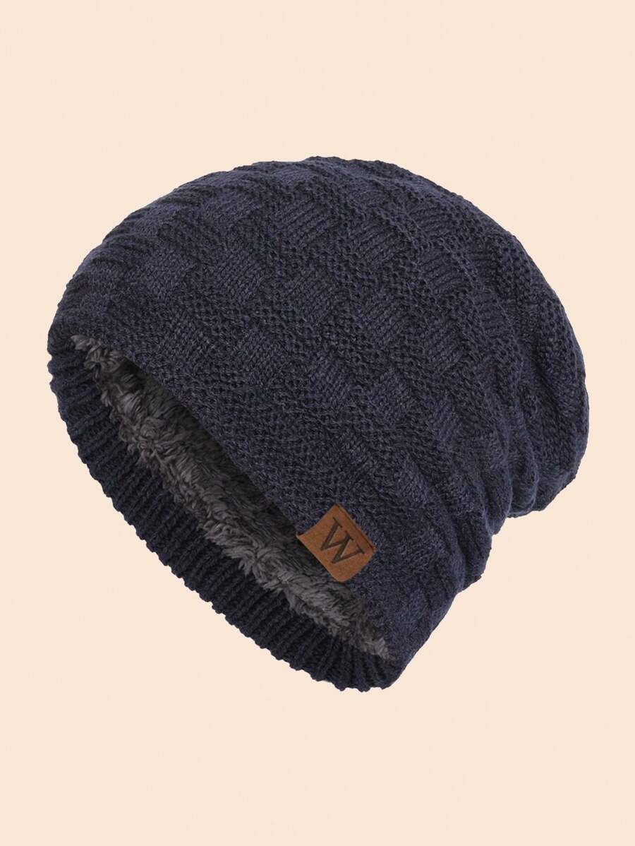 1pc Men's Warm Thermal Lined Knitted Hat With Personalized Design And Windproof Function, Suitable For Travel And Daily Wear In Autumn And Winter Casual Beanie Fall Outfit - Navy Blue - View 1