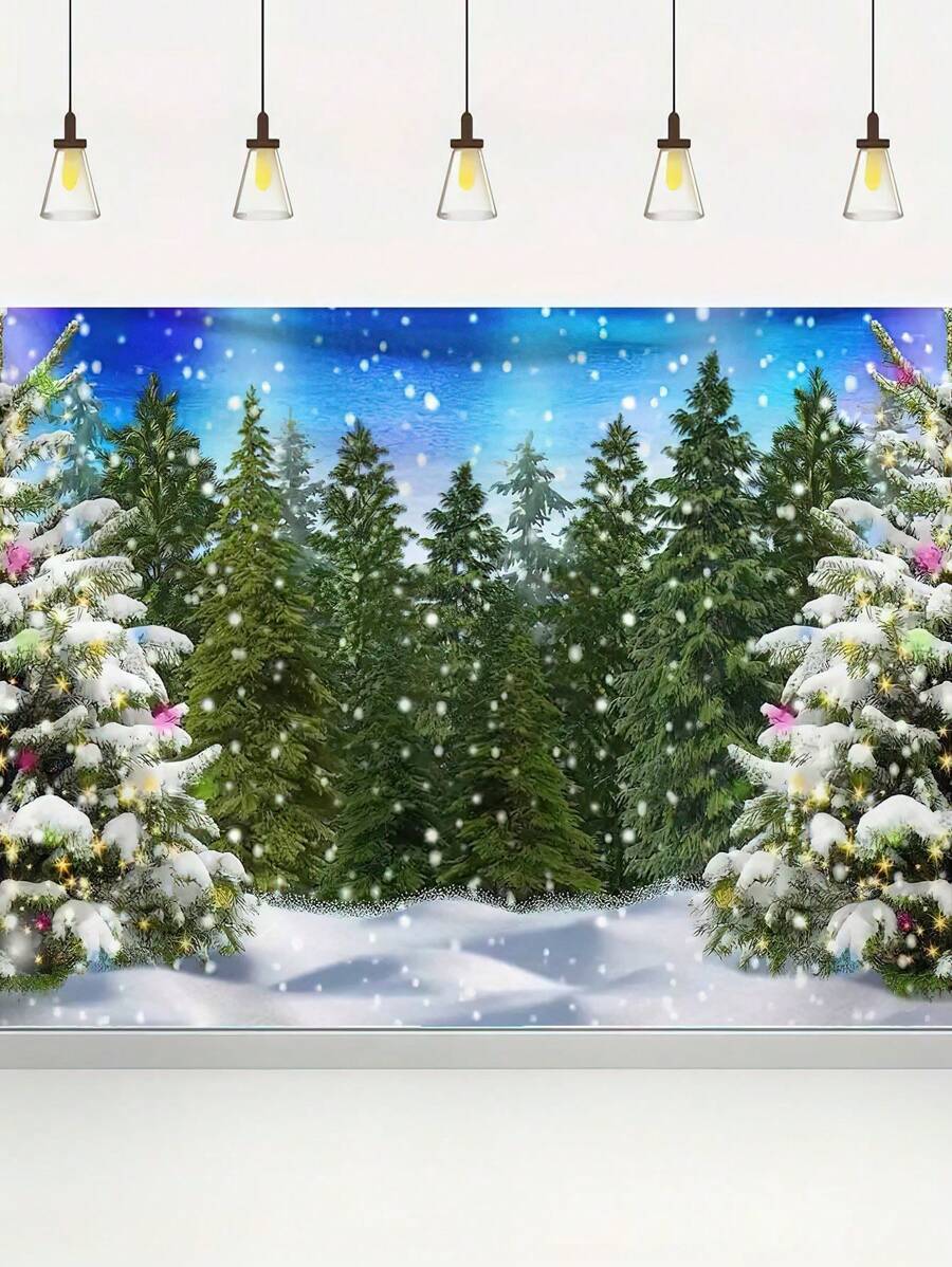 1入組聖誕樹攝影背景印花掛毯,現代化聚酯纖維方形裝飾掛牆,適用於客廳、臥室裝飾 - 彩色 - 查看 1