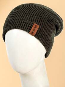 URGENTMAN Men Letter Label Decor Thermal Lined Beanie - Army Green - View 2