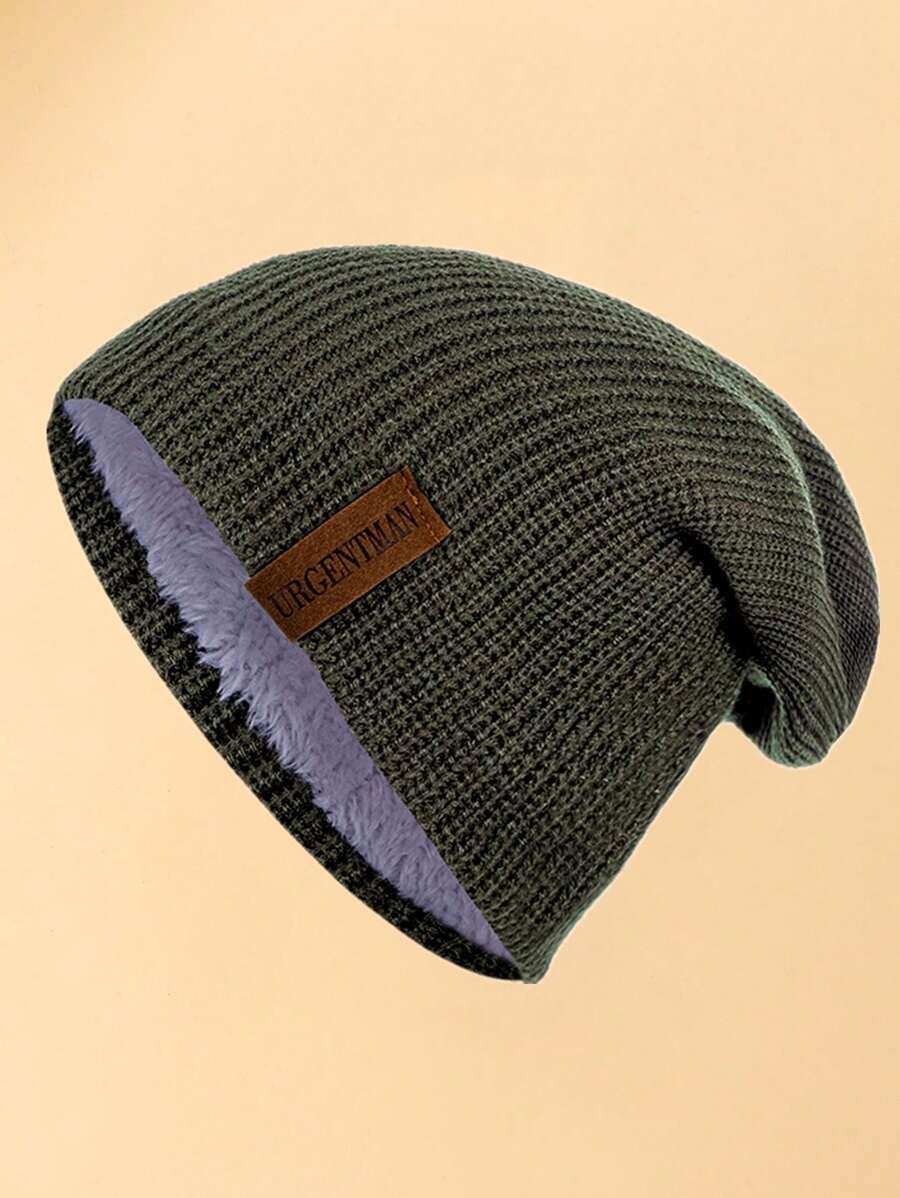 URGENTMAN Men Letter Label Decor Thermal Lined Beanie - Army Green - View 1