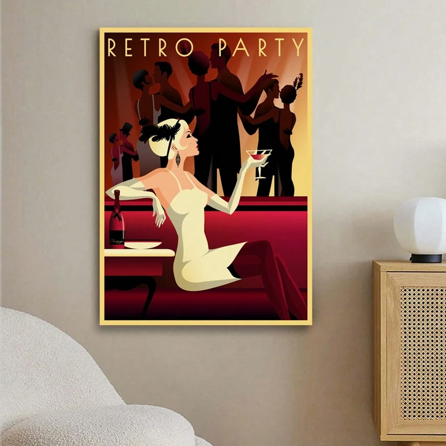 1個復古雞尾酒派對海報帆布牆藝術核心,用於酒吧、舞廳、餐廳裝飾
