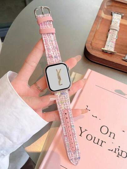 1条粉色尼龙编织彩色多巴胺色表带，适用于38mm、40mm、41mm、42mm、44mm、45mm、49mm表盘尺寸的1-9代手表，男女皆宜，适合节日、秋冬季节的礼物。