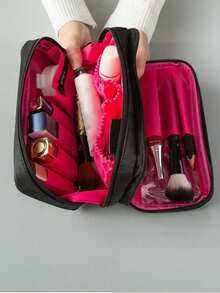 1pc Portable Multi-purpose Nylon Cosmetic Bag With Double Layers, Waterproof And With Handle For Storage Of Toiletries And Makeup During Travel - Hot Pink - View 8