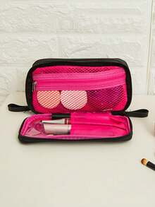 1pc Portable Multi-purpose Nylon Cosmetic Bag With Double Layers, Waterproof And With Handle For Storage Of Toiletries And Makeup During Travel - Hot Pink - View 4