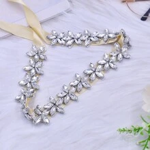 1 件個人化新娘腰帶、婚禮配件、銀色萊茵石花卉裝飾、時尚連身裙腰部裝飾