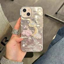 韓版可愛的3D閃爍雲朵折疊啞光鍍膜月亮保護殼，適用於iPhone 15 Pro Max 14 Pro Max 13 Pro Max 14 12 11 15 - 粉色 - 查看 2