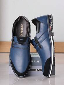 男士皮革平底休閒懶人鞋,純色,舒適鞋履 - 藍色 - 查看 2