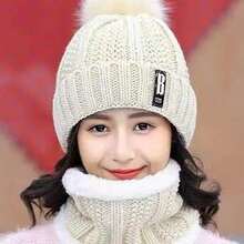 1pc Women's Hat & Scarf Set Thickened Knitted Cap With Earflaps & Neck Warmer For Winter Outdoor Cycling - Beige - View 3