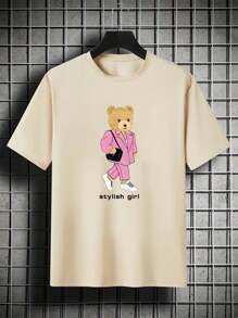 Letter And Bear Print T-Shirt - Apricot - View 3