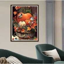 南瓜和鳥的十字繡套件,diy手工刺繡,客廳家居裝飾掛畫線刺繡9ct11ct印花布餐廳豎直版自助刺繡 - 36種顏色繡線 - 查看 5