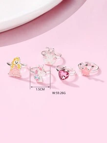 5入組/套女孩皇冠,獨角獸,公主,愛心設計鋅合金彩色油城堡塑膠盒環,合適的適用於日常穿著 - 粉色 - 查看 4