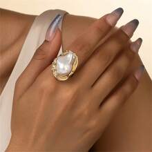复古港式巴洛克风不对称珍珠戒指，时尚个性食指戒指 - 金色 - 查看 1