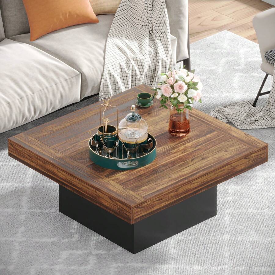 Tribesigns Farmhouse Coffee Table Square LED Coffee Table Engineered
