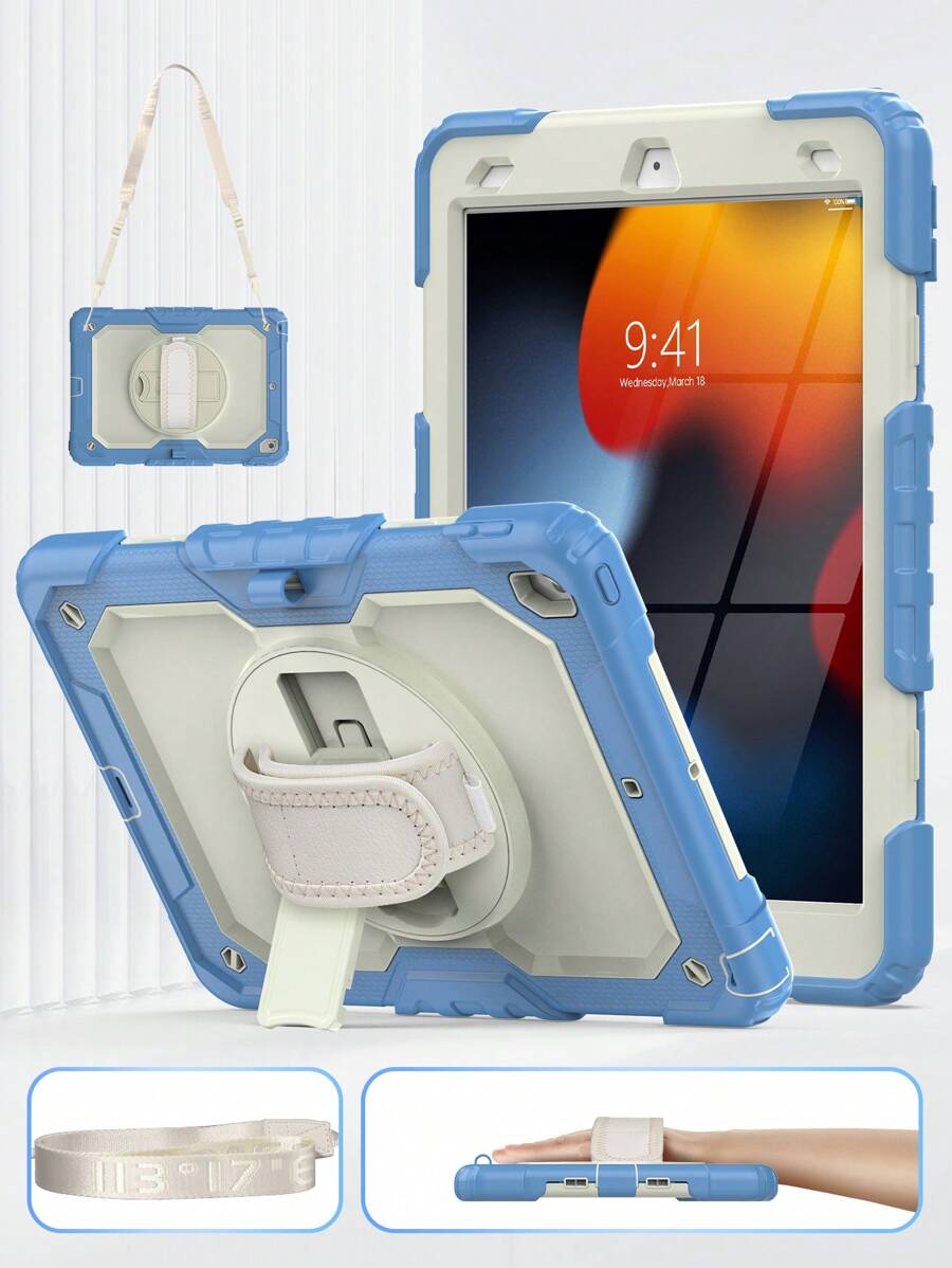 保護殼相容iPad 第5/6/7/8/9/10 代保護殼Mini 6 IPad Pro 11 IPad 10.2 IPad 10.9，重型防震保護殼，附螢幕保護貼、支架、手帶/肩帶和筆架，藍色