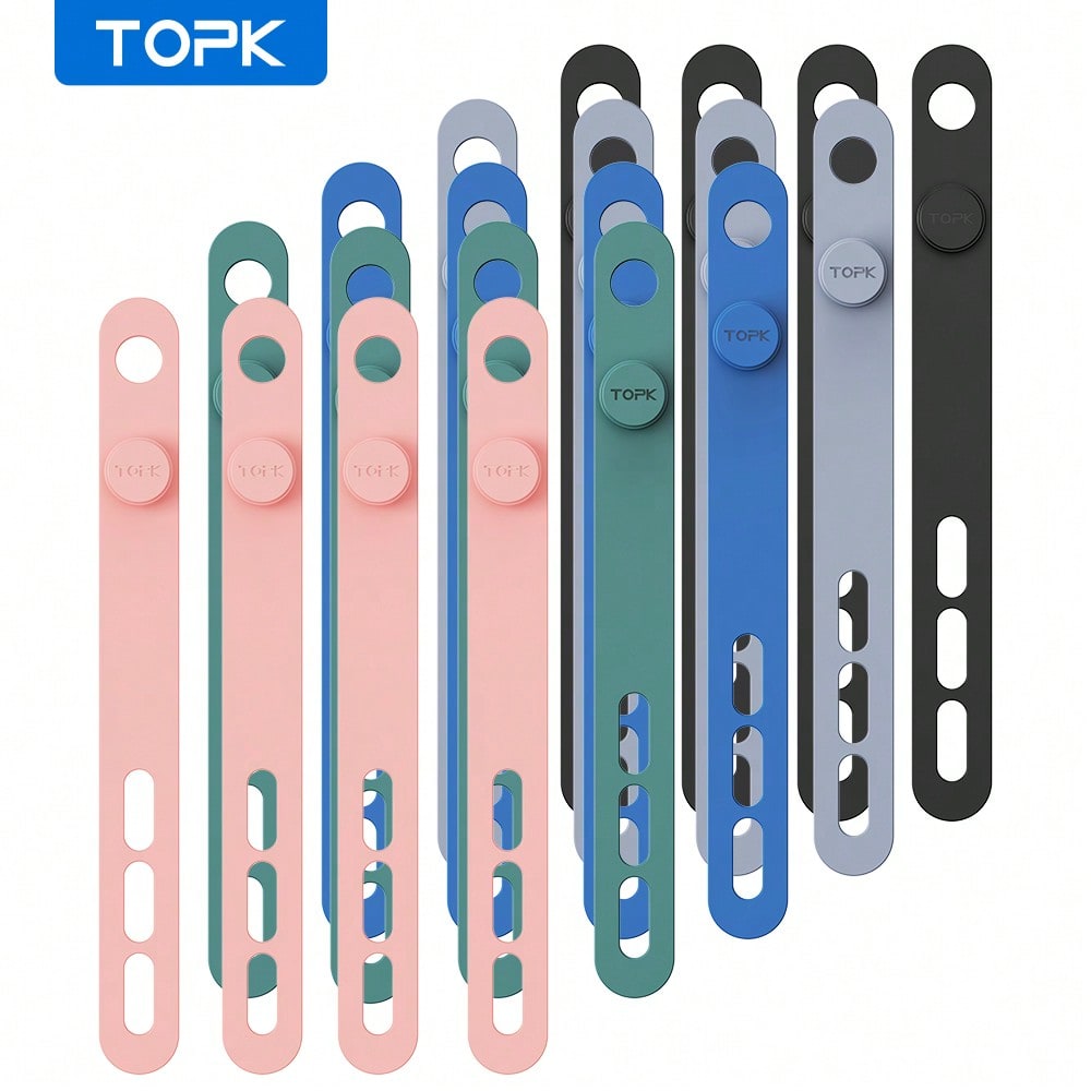 TOPK Silicone Cable Ties, Reusable Cable Management Organizer,Cable Straps,Cord Ties,Multipurpose Elastic Cord Organizer For Bundling And Fastening Cable Cords Wires Cable Organizer