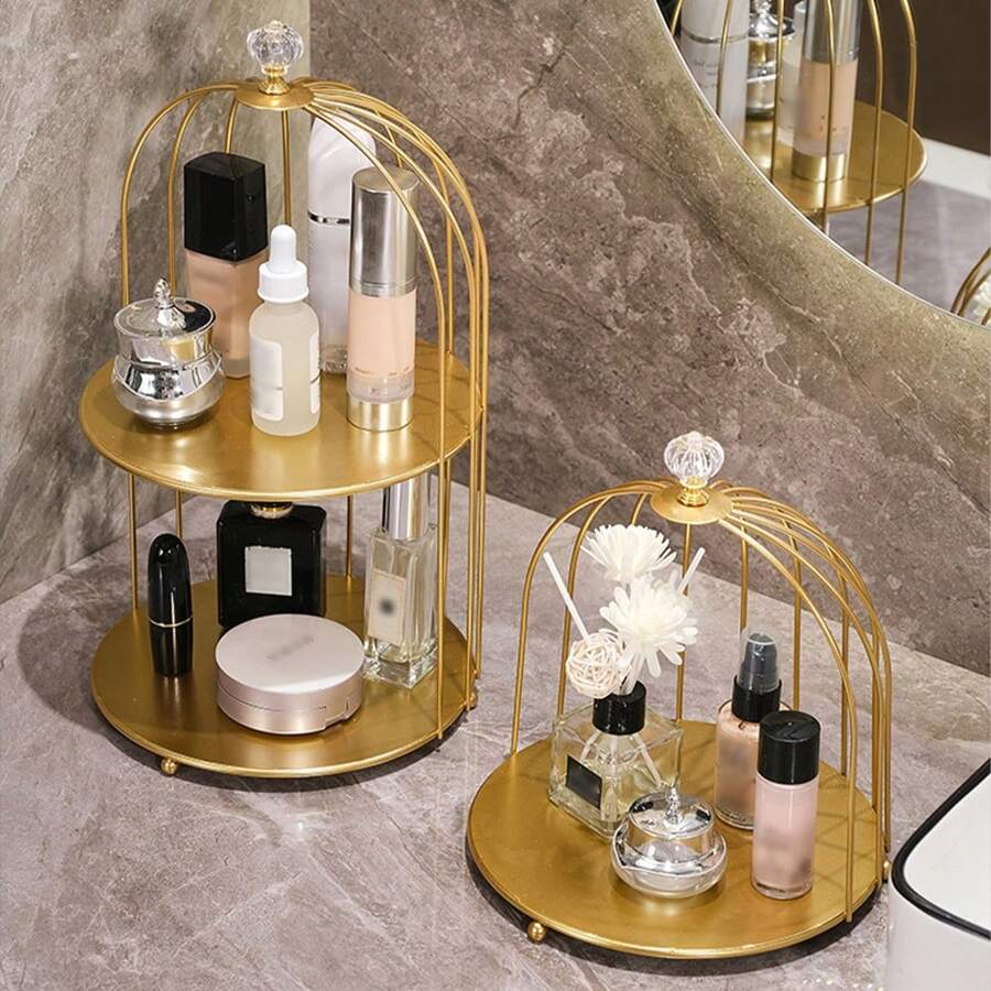 1個 (2種尺寸) 金色鐵製鳥籠造型化妝品儲存顯示盒,半開放式化妝品組織盤架,適用於浴室梳妝台 - 金色 - 查看 1