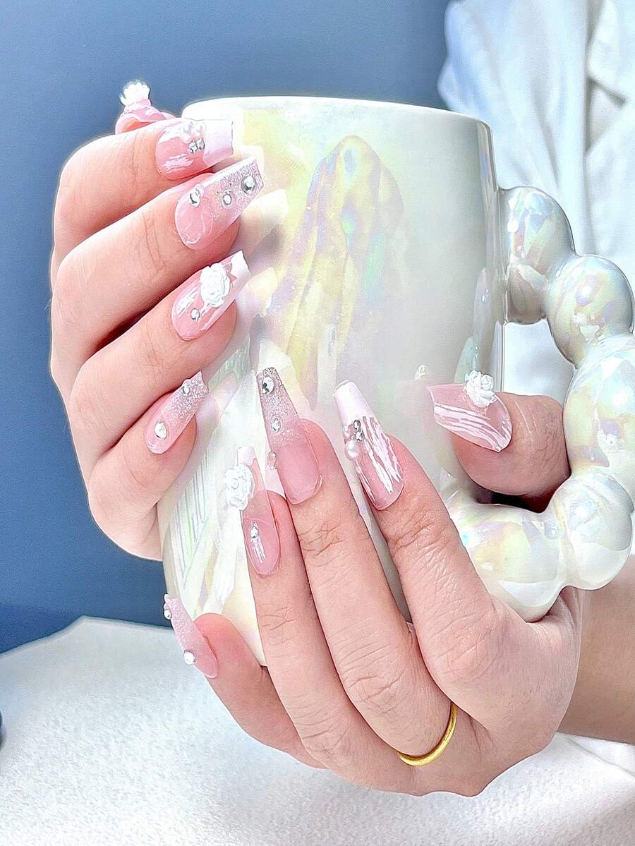 24入組假指甲,多款式多花型指甲貼,可重複使用、適用於婚禮新娘、派對、沙龍展示和日常美甲 - 粉色 - 查看 1