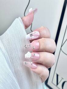 24入組假指甲,多款式多花型指甲貼,可重複使用、適用於婚禮新娘、派對、沙龍展示和日常美甲 - 粉色 - 查看 10