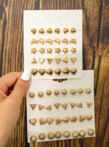 1 Set Of 31pairs Women'S Gold Color Heart, Moon, Star, Triangle, Round Plastic Fashion Earrings Suitable For Daily Wear - Multicolor - View 1