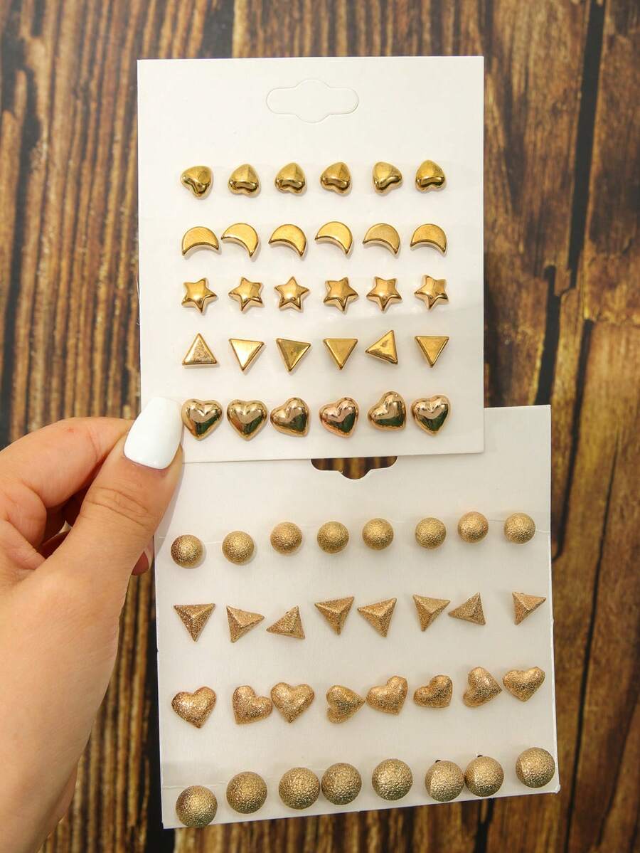 1 Set Of 31pairs Women'S Gold Color Heart, Moon, Star, Triangle, Round Plastic Fashion Earrings Suitable For Daily Wear - Multicolor - View 1