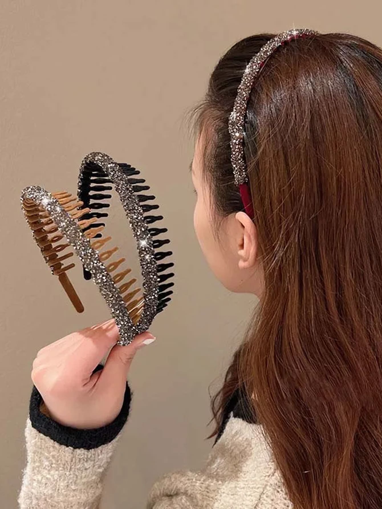 Diadema Antideslizante De Terciopelo De 3 Piezas Con Dientes Para Cuidado De La Piel Y Maquillaje, Con Diamantes De Imitación Y Detalle Encadenado - Multicolor - Ver 1