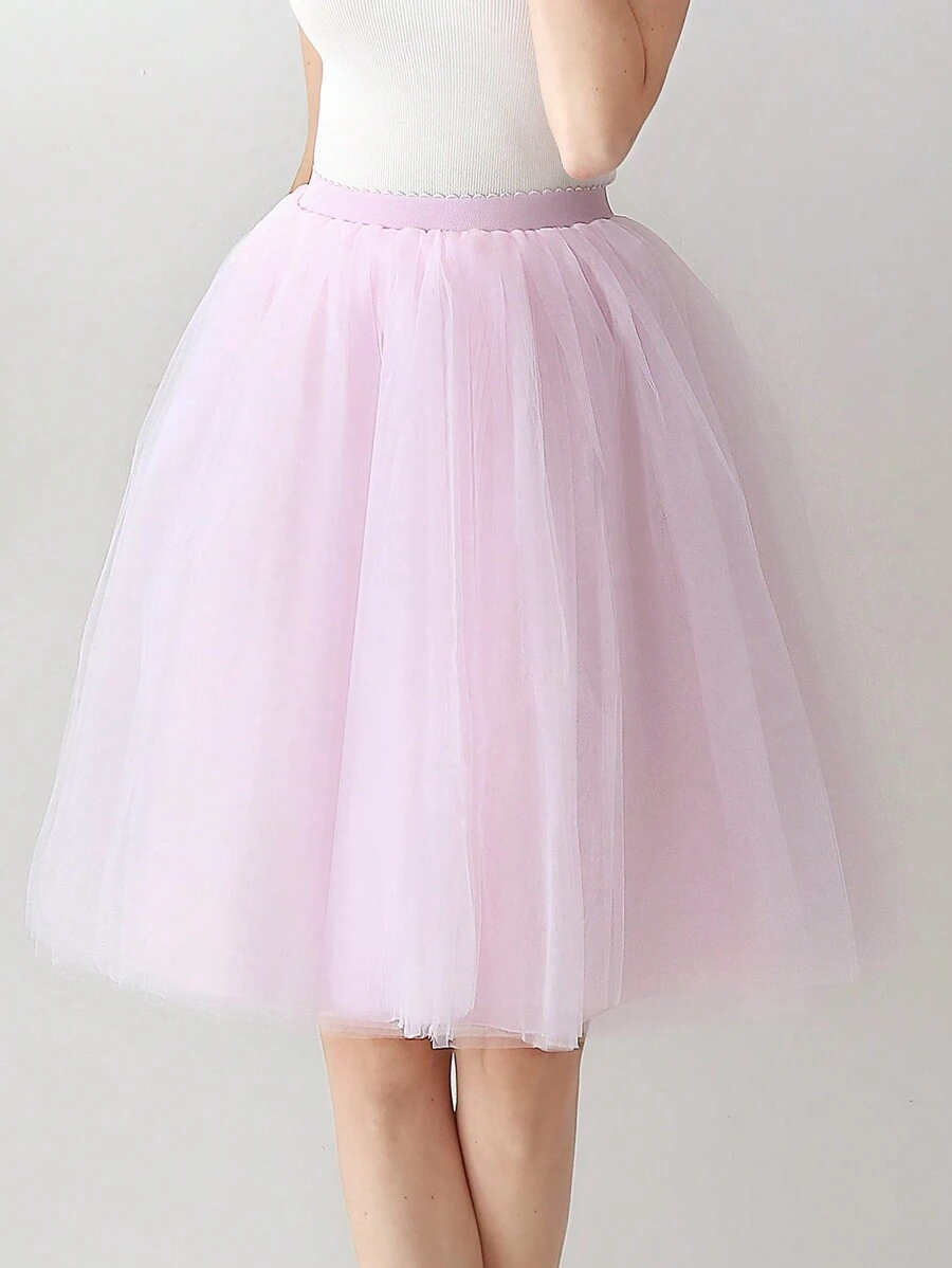 1 Pc Women Midi Length Tulle Tutu Skirt For Wedding Party Black Pink White Burgundy Green Fall Clothes For Women - Baby Pink - View 1