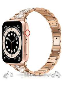 1 pieza Correa de Reloj de Apple para Mujer de Lujo con Brillos de Cristal Rhinestone de Acero Inoxidable en Color Oro Rosa