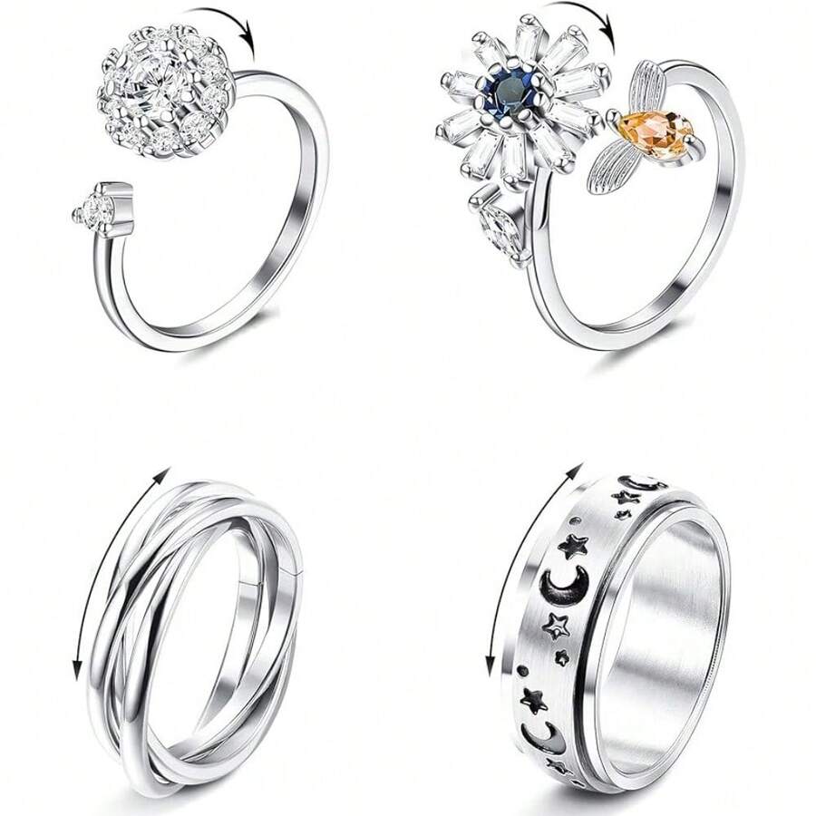 4 Pcs  Rings for Women Men 316L Stainless Steel Anxiety Rings for Stress Relieving Wedding Promise Rings Set - Silver - View 1