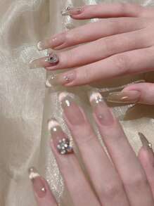 浪漫加持！24入組長款芭蕾美甲套裝，含冰清透明+閃亮貓眼3D鑽石及堆疊珠寶設計全覆蓋假指甲，適用於女士和女孩推式假指甲美甲用品 - 彩色 - 查看 3