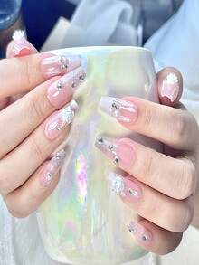 24入組假指甲,多款式多花型指甲貼,可重複使用、適用於婚禮新娘、派對、沙龍展示和日常美甲 - 粉色 - 查看 6