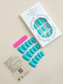 24 件短方形按壓指甲,指甲上有藍色 Diy 家庭沙龍美甲禮物女式女孩亞克力假指甲 - 藍色 - 查看 2