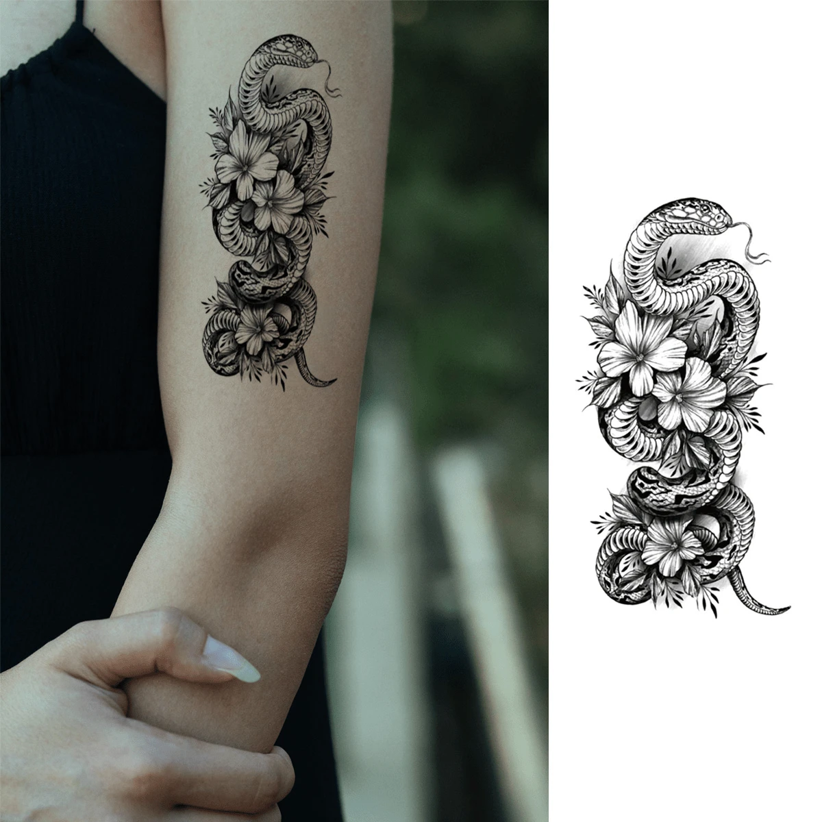 1 件黑白十字花蛇逼真持久假纹身贴纸防水纹身适合女性成人人体艺术性感适合身体手臂胸部肩膀大腿女性临时纹身，假纹身人体艺术手臂素描纹身贴纸适合女性和女孩 - 黑與白 - 查看 1