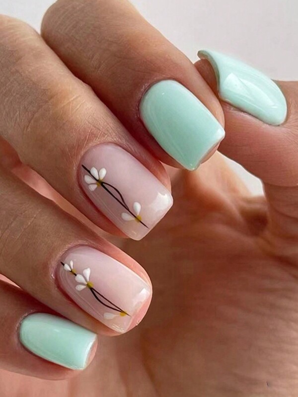 24pcs Fresh Light Blue Vintage Flower Nail Stickers + 1pc Jelly Gel + 1pc Nail File, Suitable For Girls' Everyday Wear