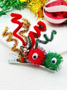 1 件聖誕聖誕老人主題紅色和綠色毛球扭發棒髮夾