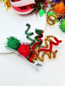 1 件聖誕聖誕老人主題紅色和綠色毛球扭發棒髮夾