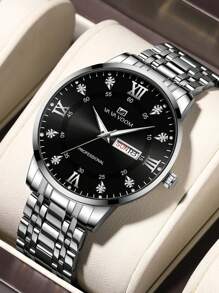 時尚男士手錶 Va Va Voom 不銹鋼30m防水雙日曆水鑽刻度歐美風商務石英腕錶適合日常商務佩戴 - 黑色 - 查看 1