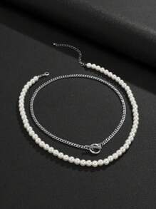 2pcs Fashionable Simple Pearl Necklace Set, Suitable For Men's Daily Wear - Multicolor - View 3