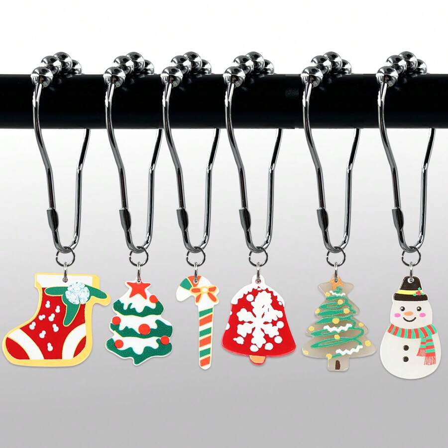 12入組水晶串珠聖誕節裝飾淋浴簾掛勾,防銹桿掛勾浴室配件 - 紅白色 - 查看 1