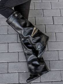 女士新款膝上靴,圓頭楔形高跟,易於穿脫,鯊魚鎖飾,復古街頭設計師風格 - 黑色 - 查看 6