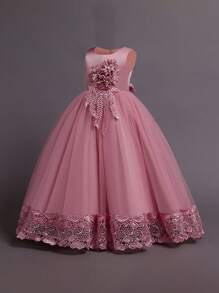 Girls' Solid Color Tulle 3D Floral Elegant Formal Dress, Suitable For Weddings And Banquets, Excluding Headband