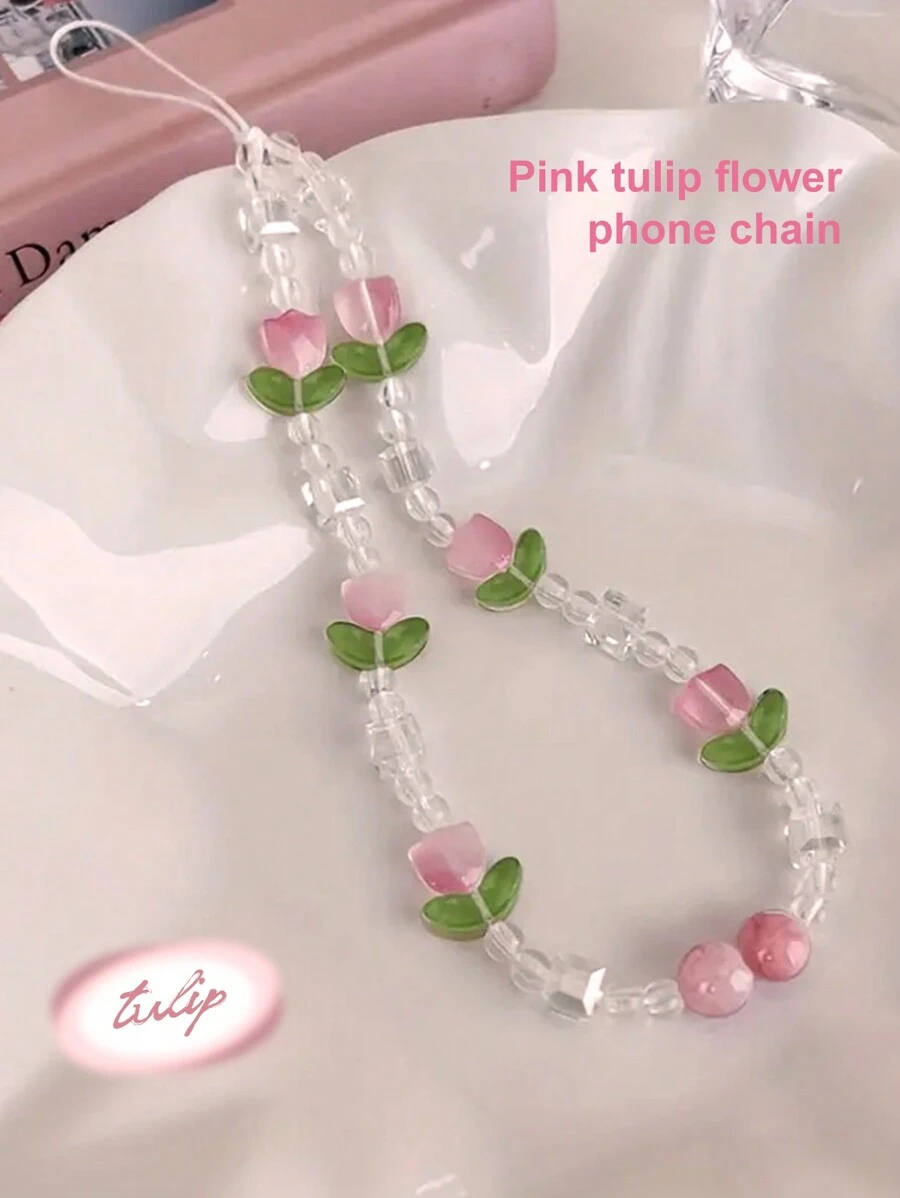 Pink Tulip Flower Beaded Phone Strap For Girls - Pink - View 1