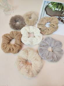 7 件女士毛绒针织大蝴蝶结发带套装，适合高马尾或发髻，秋冬季 - 彩色 - 查看 4