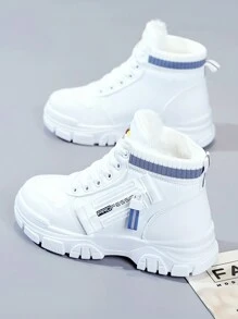 Women's High Top Warm White Sneakers With Socks Boots - Blue and White - View 1