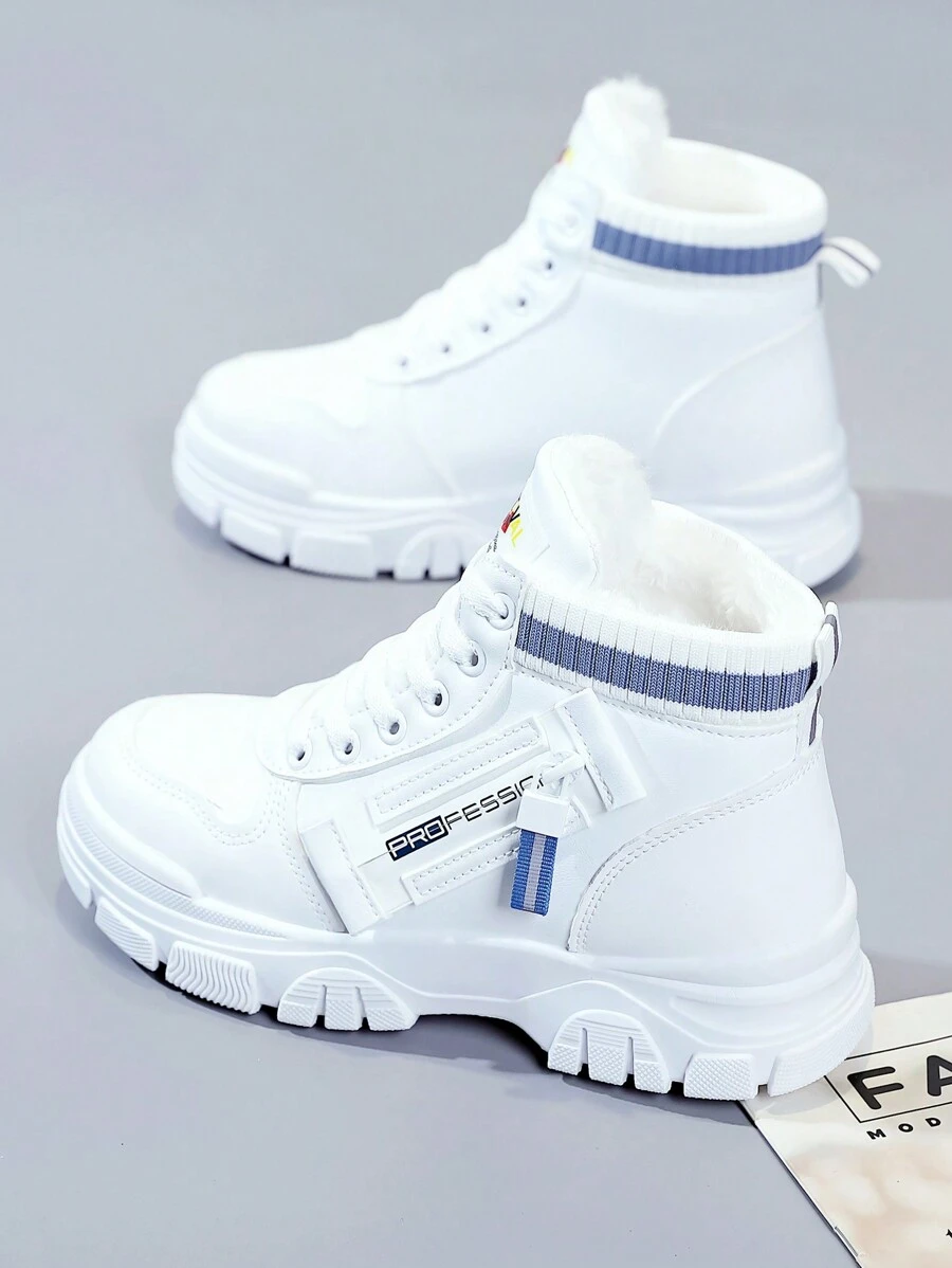 Women's High Top Warm White Sneakers With Socks Boots - Blue and White - View 1